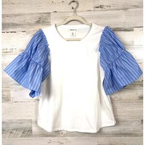 Bailey 44 Womens M White Blue Stripe Bell Sleeve Casual Summer Top Blouse NEW